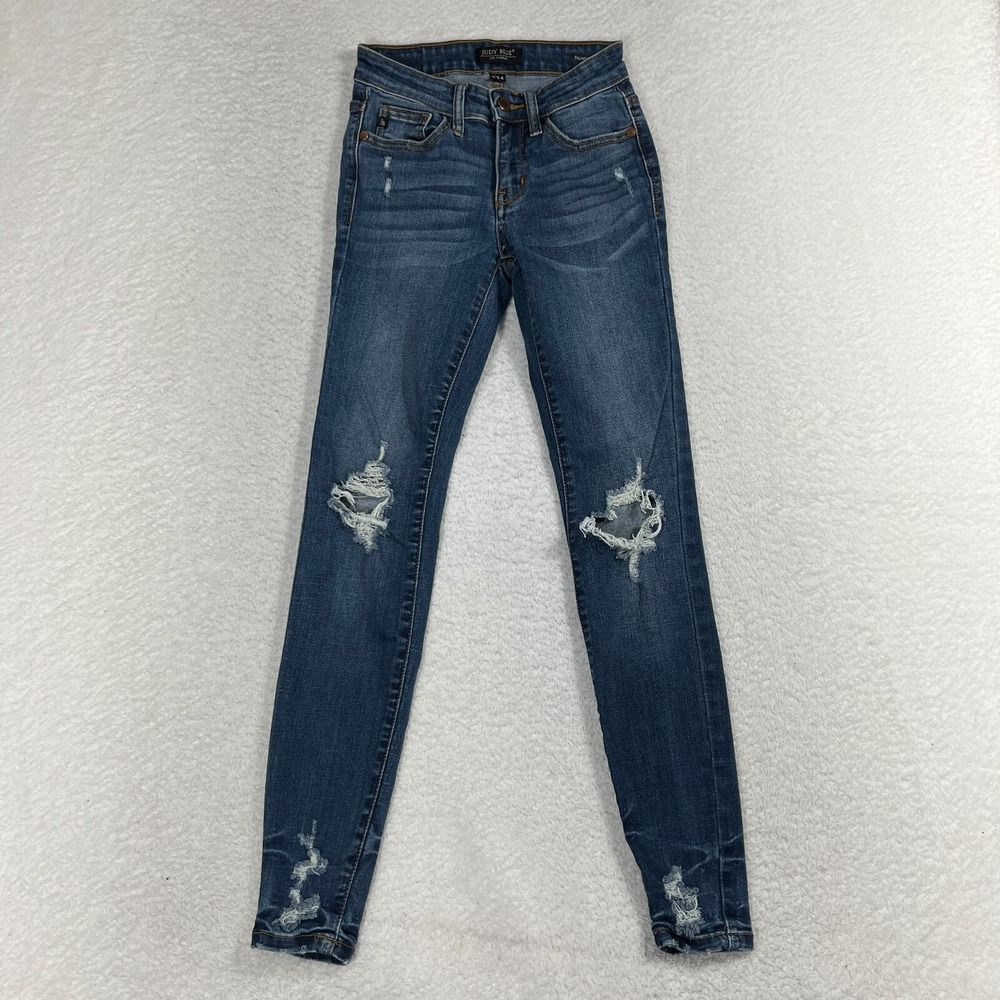 JUDY BLUE Women's 0/24 (23x27.5) Distressed Skinny Fit Low-Rise Denim Jeans Flex
